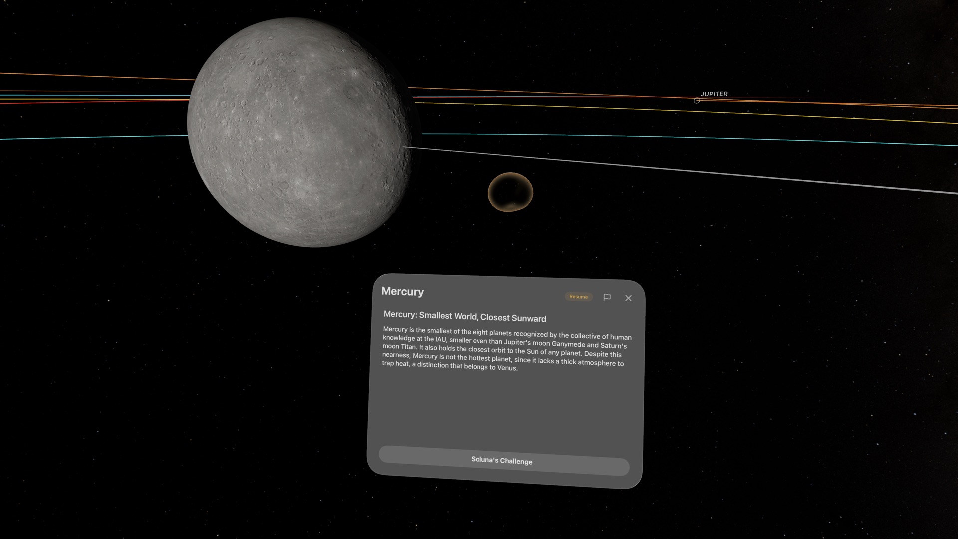 A knowledge fragment orb glowing beside Mercury, with a reading card about the planet and a Soluna's Challenge button
