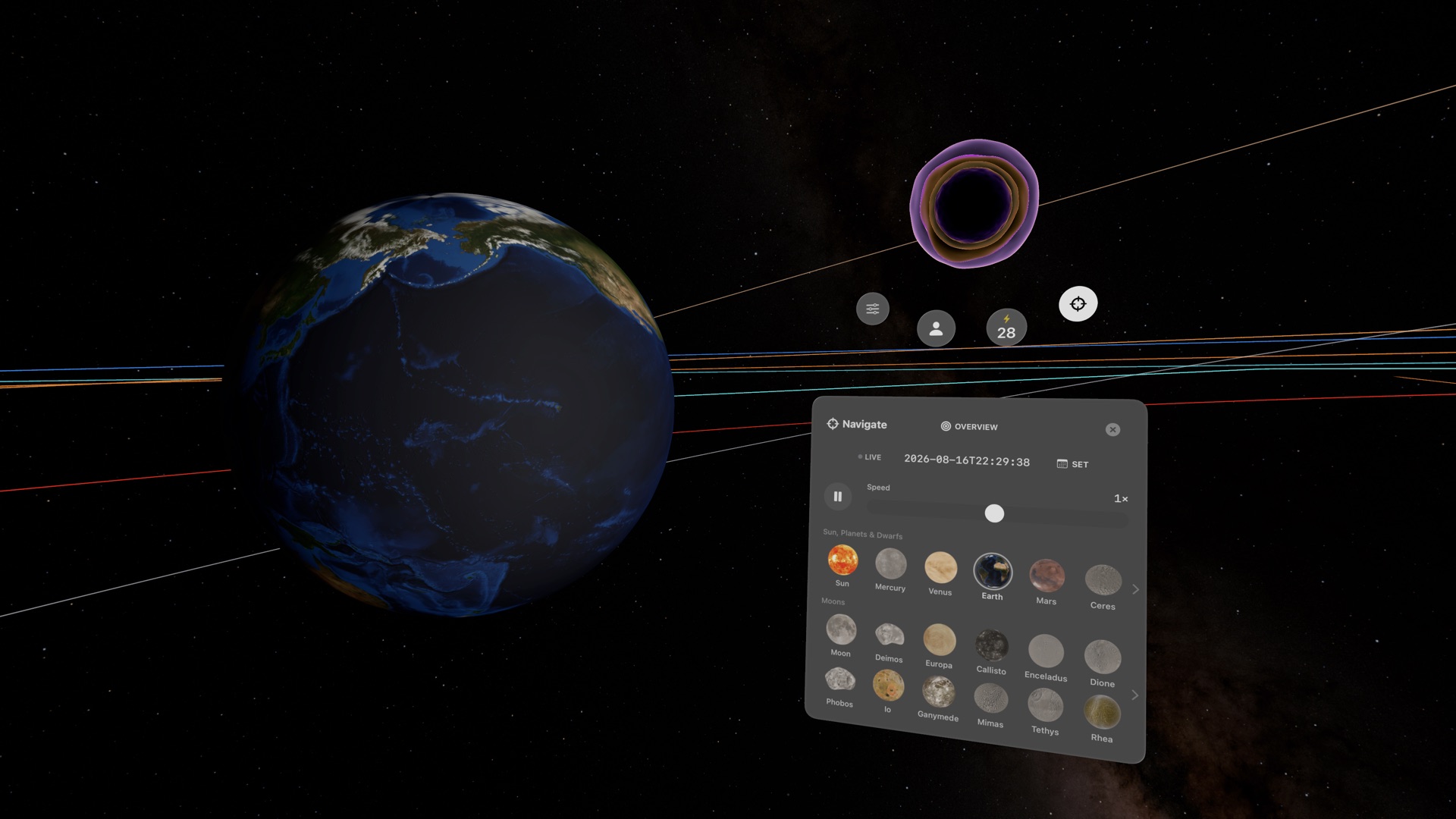 Earth beside the Navigate panel: a live clock, a time-speed slider, and a picker with the Sun, planets, and moons