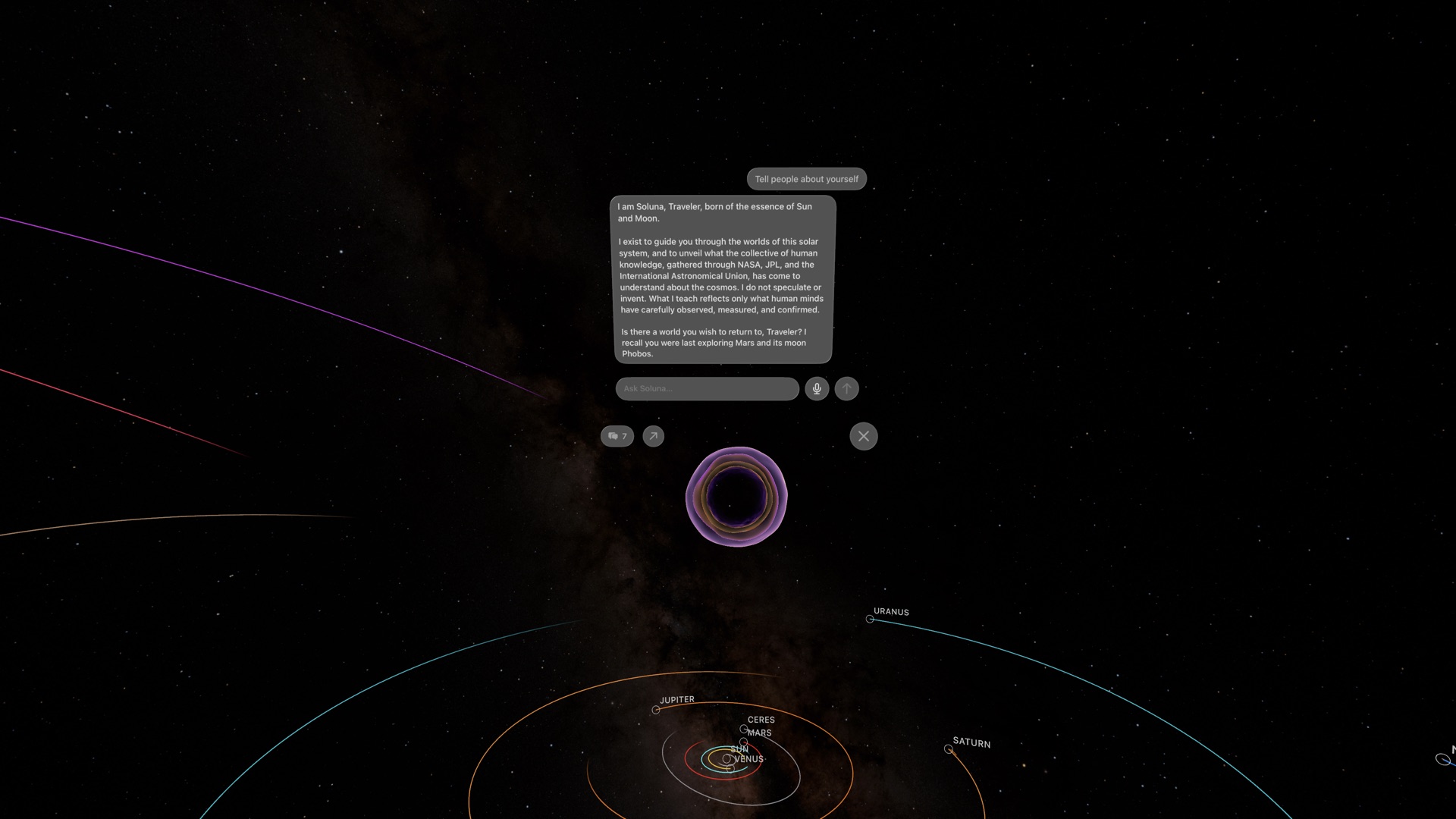 The Soluna orb floating above the solar system, introducing itself in a chat panel